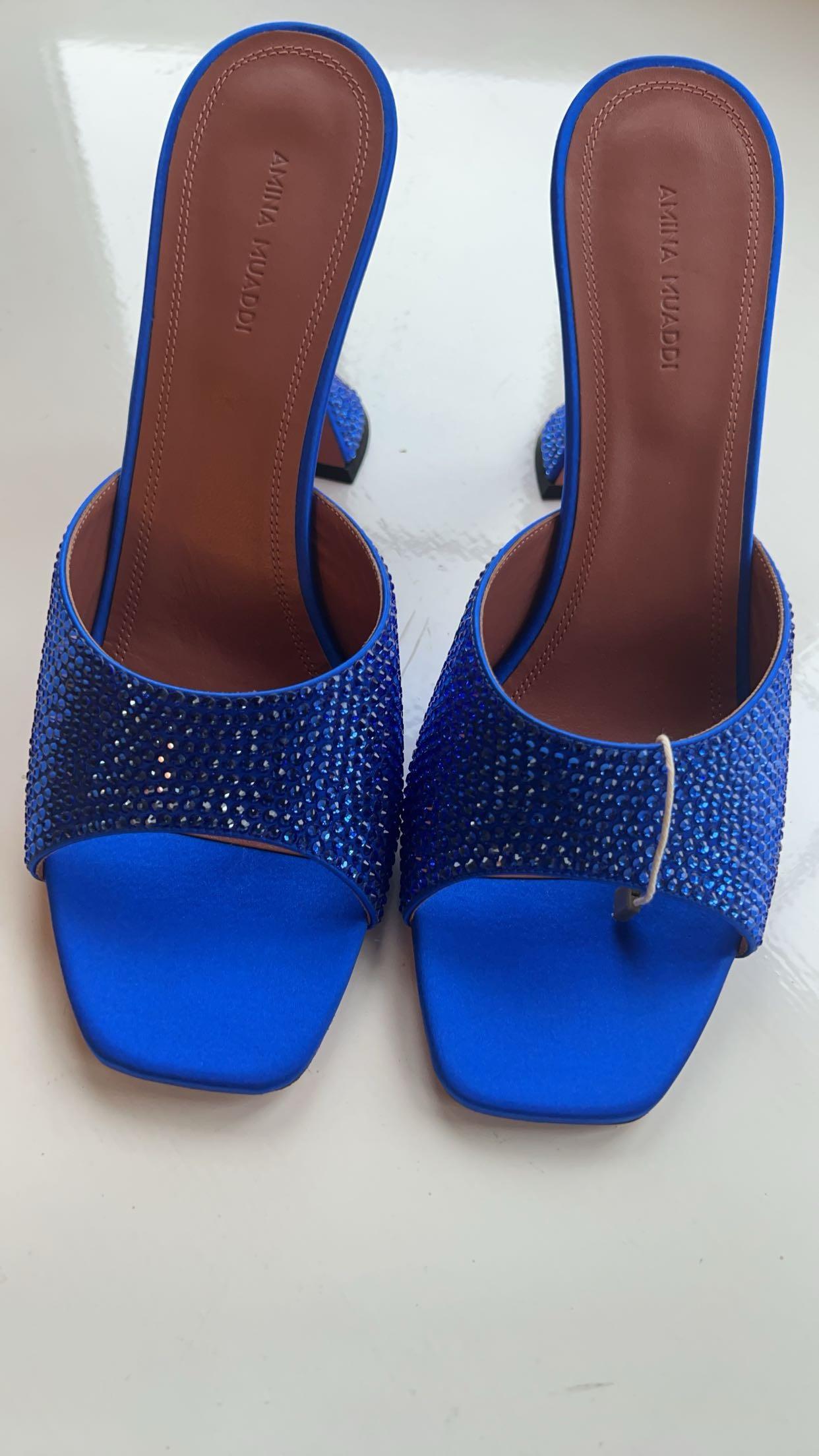 Amina Muaddi Blue Crystal Embellished Alexa Mules