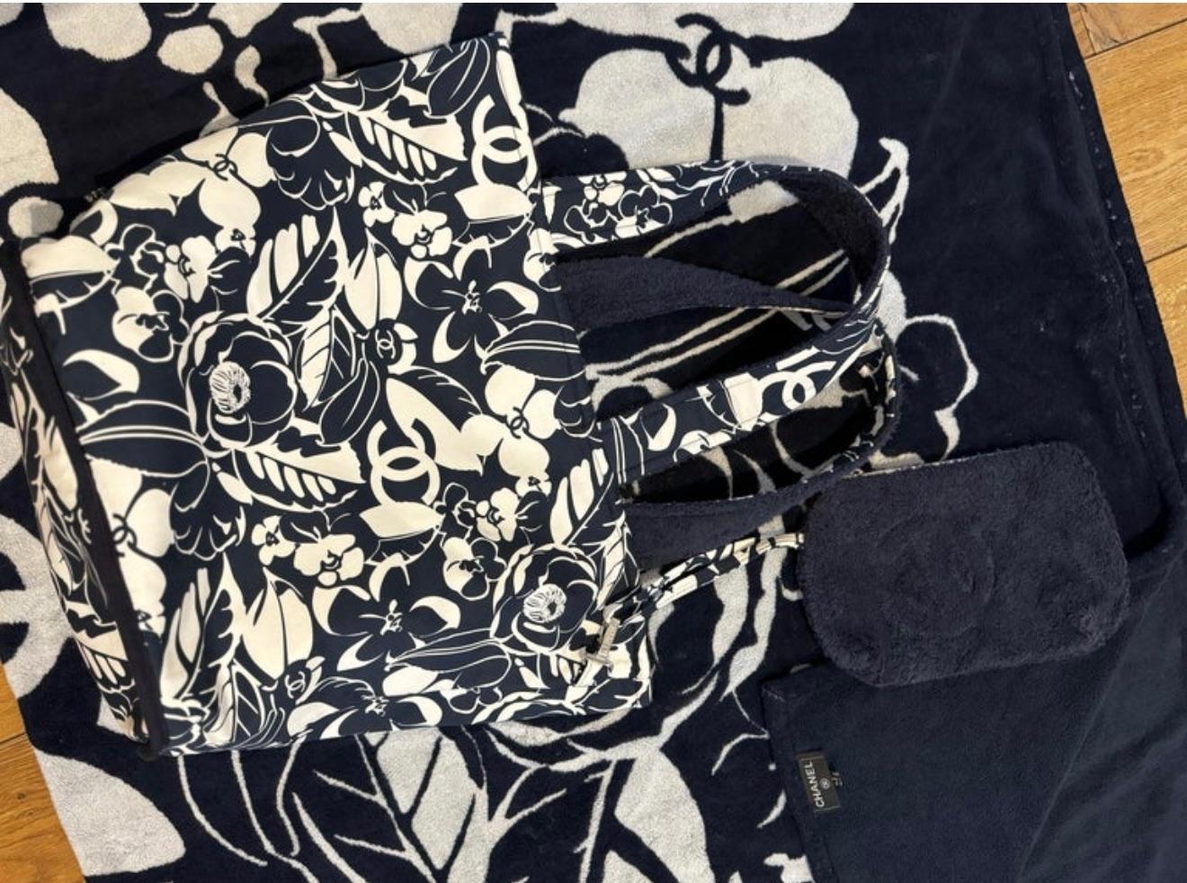 Navy/White Camlia Print Terry Bag, Towel And Pouch