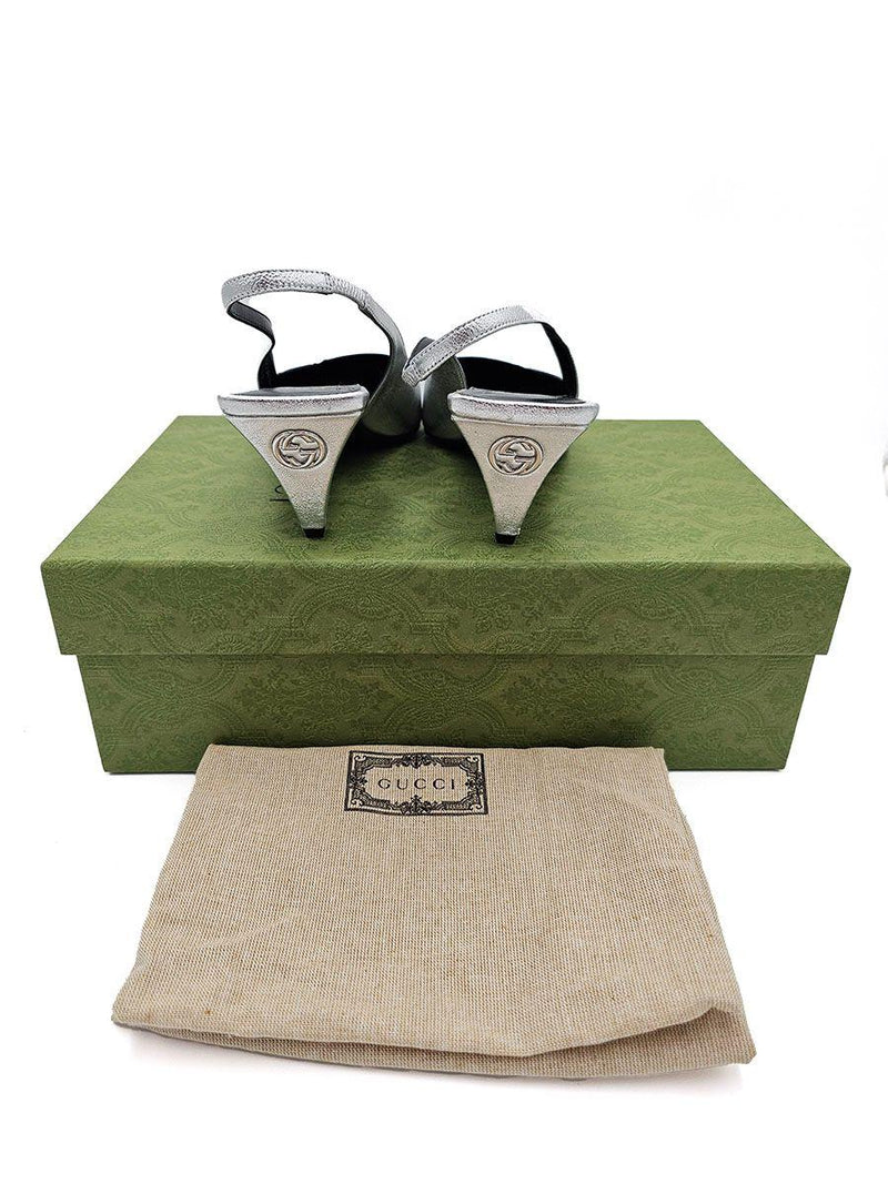 Guci Silver Leather Slingback Sandals