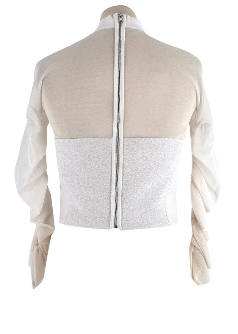 Balenciaga White Sheer Panel Ruched Sleeve High Neck Top