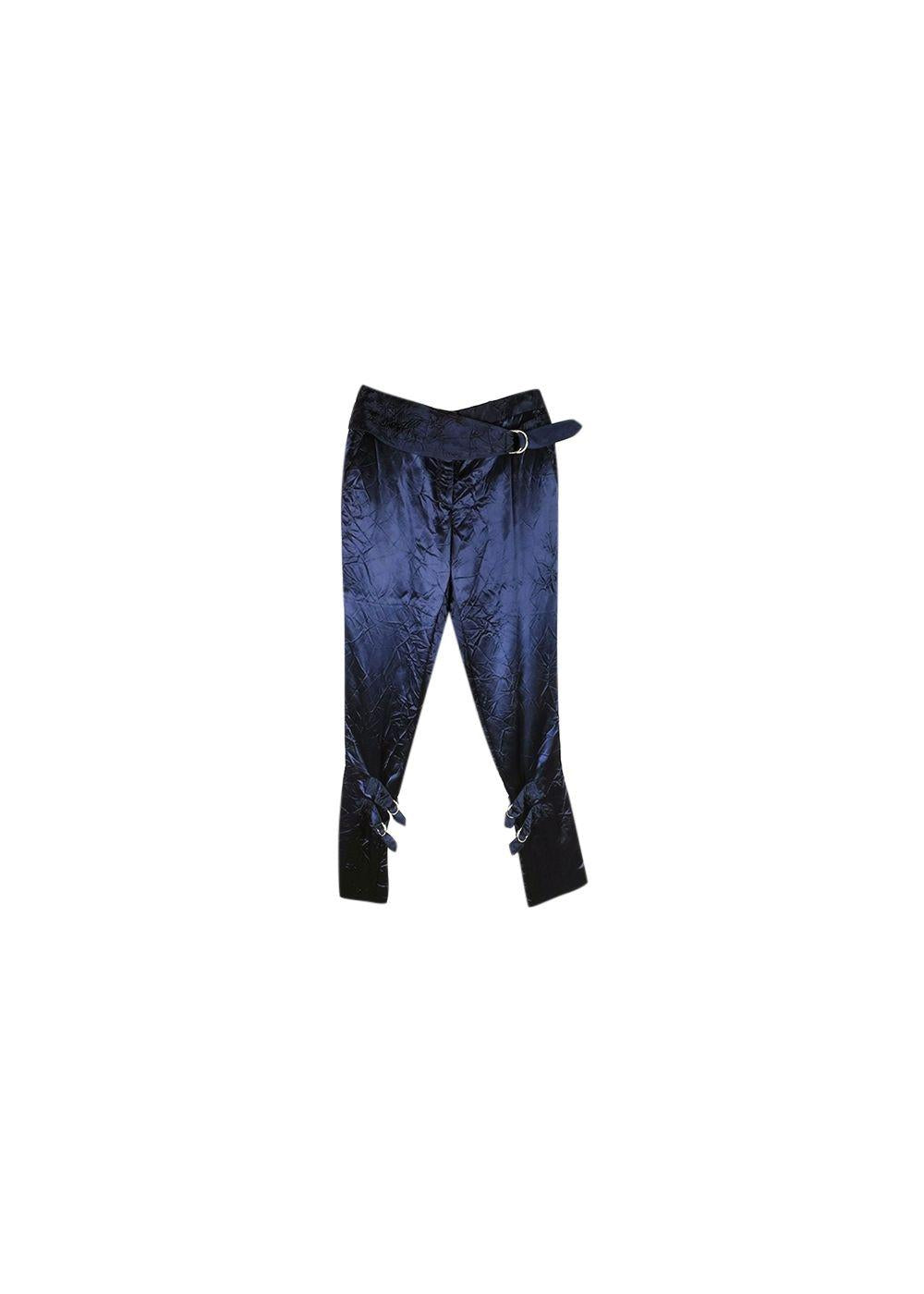 Navy Hammered Satin Buckle Pants