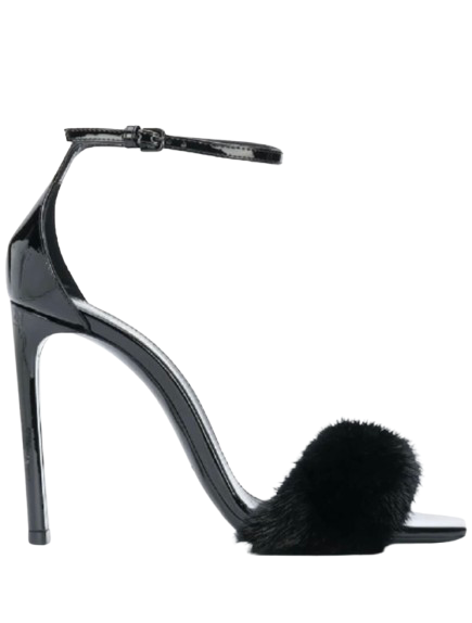 Saint Laurent Black Patent Leather Bea Heeled Sandals with Fur Detail