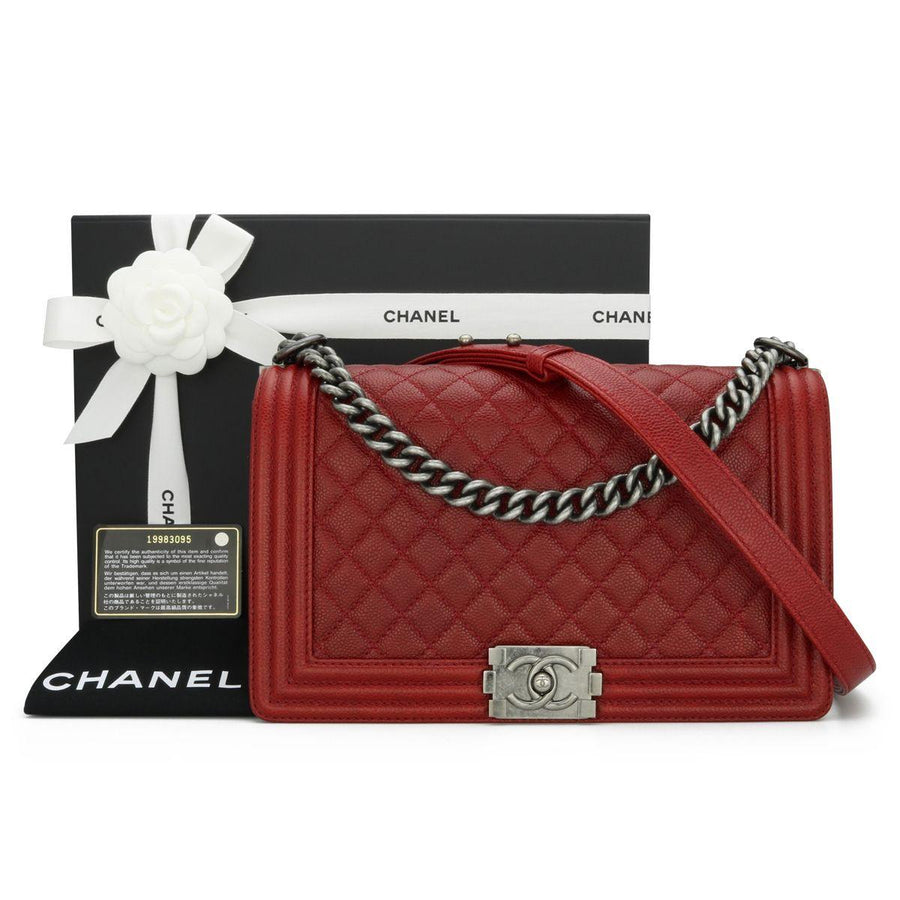 Chanel Red Caviar Leather Medium Boy Bag