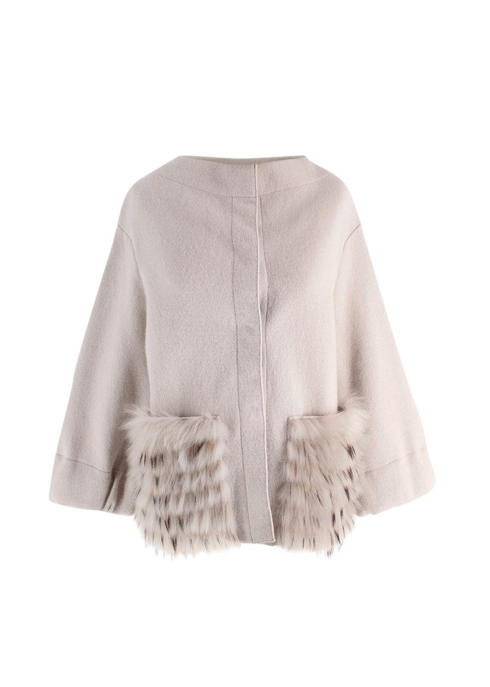 Falconeri Beige Wool Blend Jacket with Racoon Fur Pockets