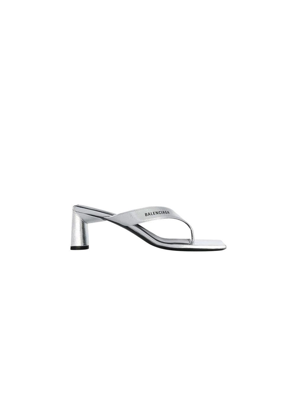Metallic Silver Leather Square Toe Thong Heeled Sandals