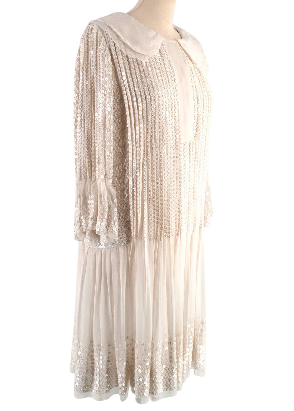 Chloe Ecru Sequin Embroidered Silk Pleated Dress