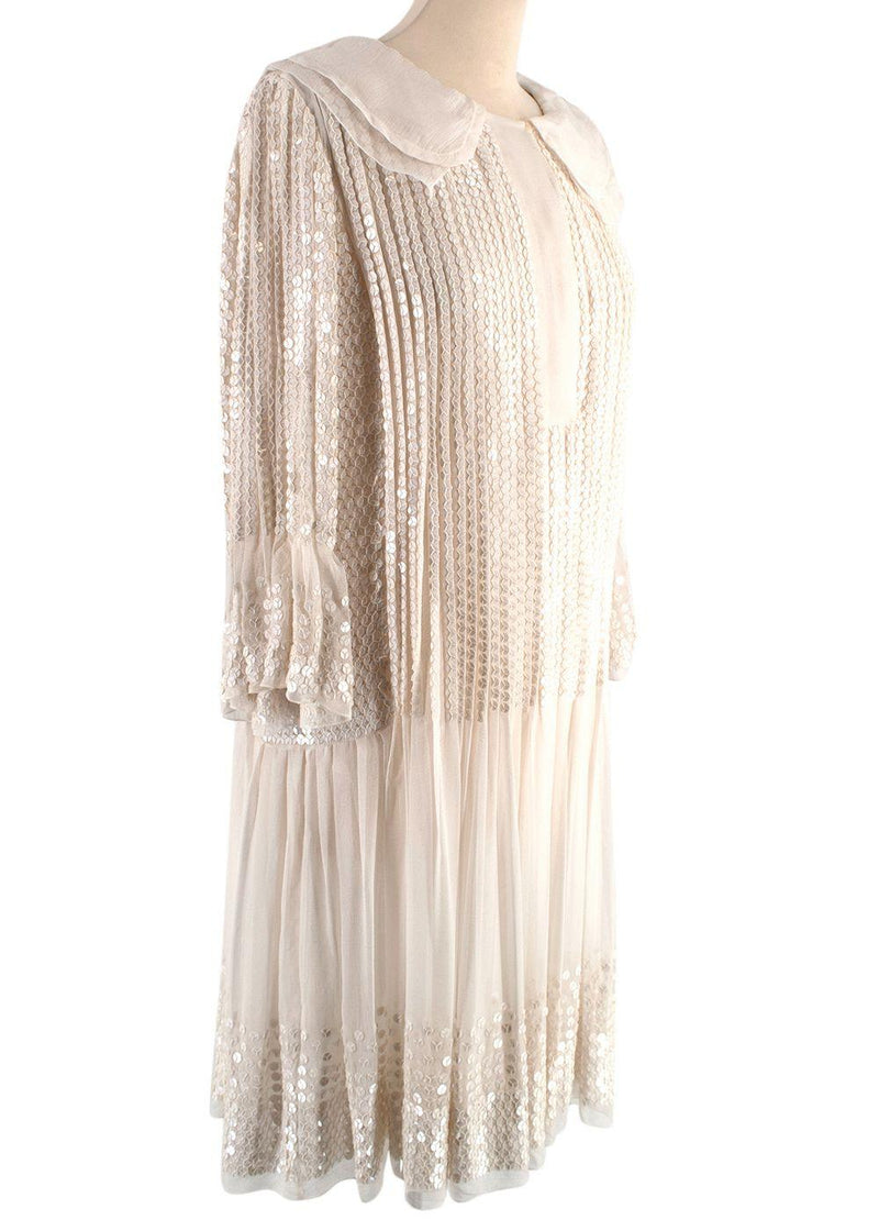 Chloe Ecru Sequin Embroidered Silk Pleated Dress