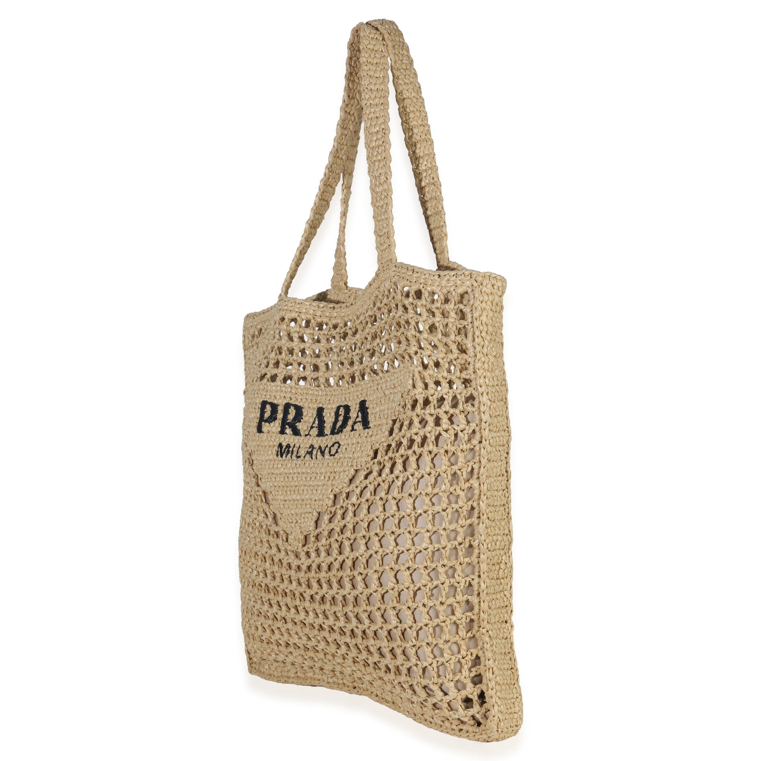 Prada  Raffia Effect Logo Crochet Tote