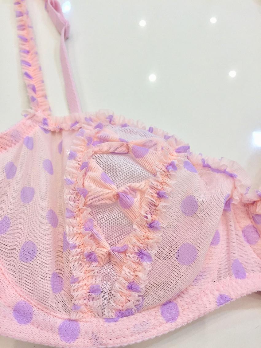 Chantal Thomass Rose & Lilac Polka Dot Tulle Half Cup Bra & Thong set