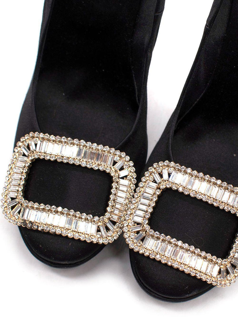 Roger Vivier Black Crystal-Embellished Satin Platform Pumps