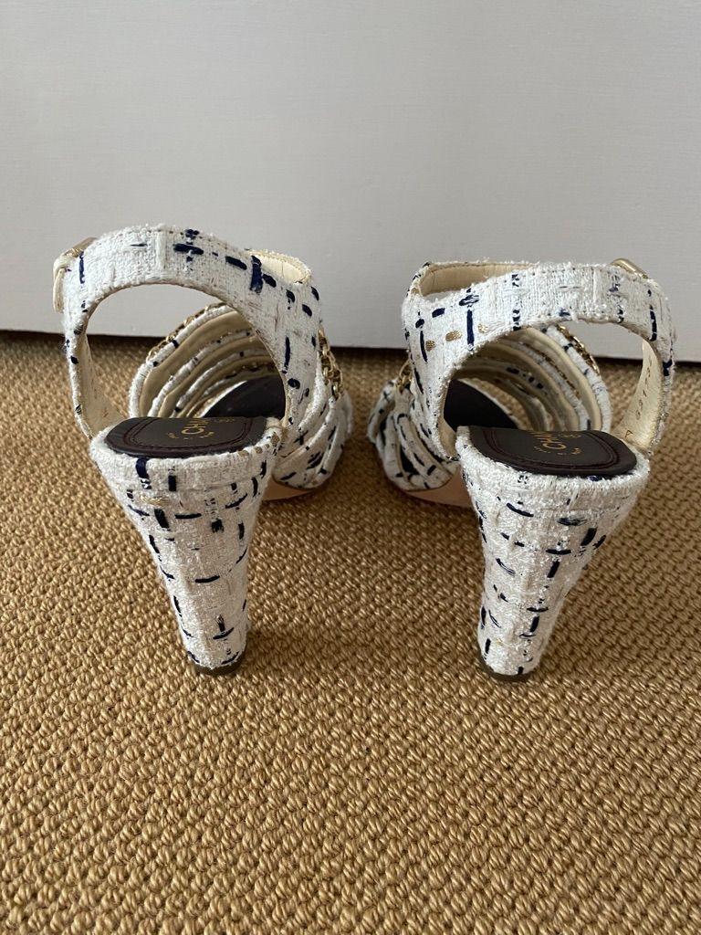 Chanel Tweed Chain Embellished Heeled Sandals