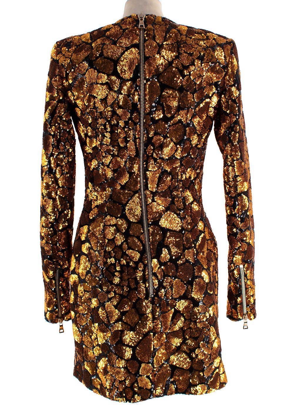 Balmain Gold and Black Sequin Long Sleeve Mini Dress