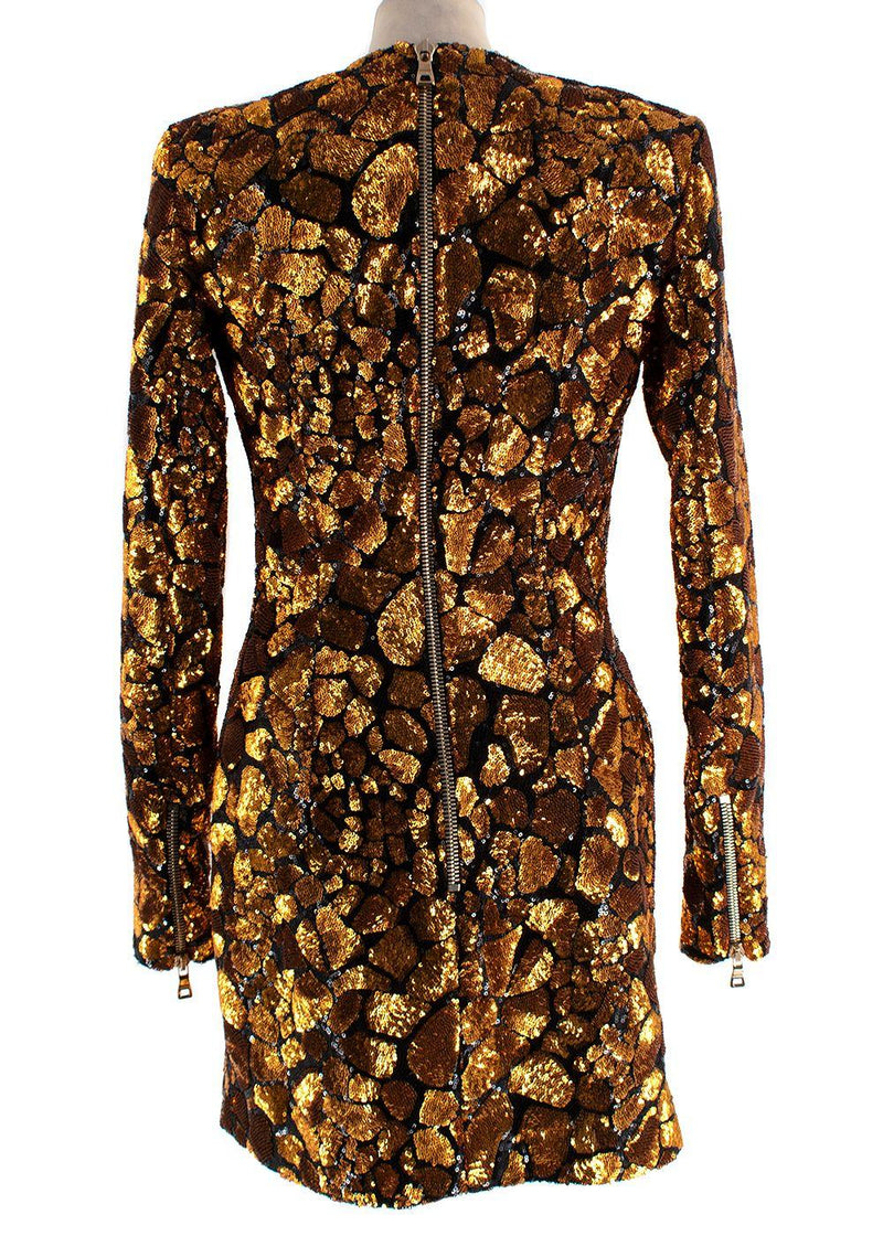 Balmain Gold and Black Sequin Long Sleeve Mini Dress