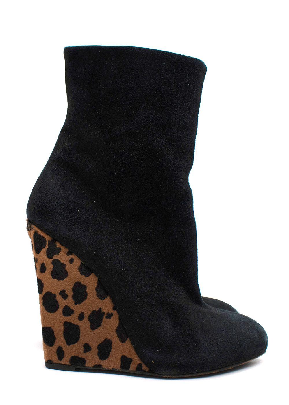 Giuseppe Zanotti Black Suede Wedge Ankle Boots Leopard Print Heel