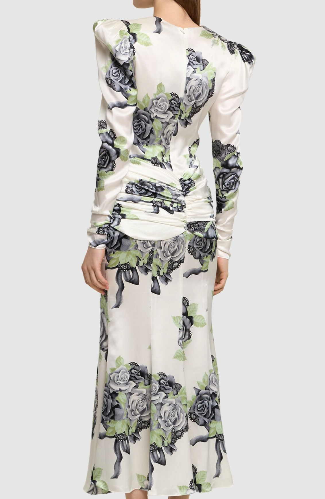 Alessandra Rich Silk Satin Rose Print Midi Dress
