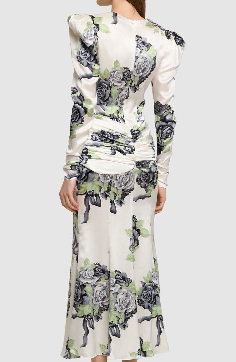 Alessandra Rich Silk Satin Rose Print Midi Dress