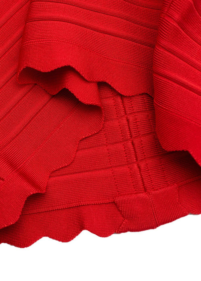 Red Stretch Knit Bandage Skirt with Scalloped Hem