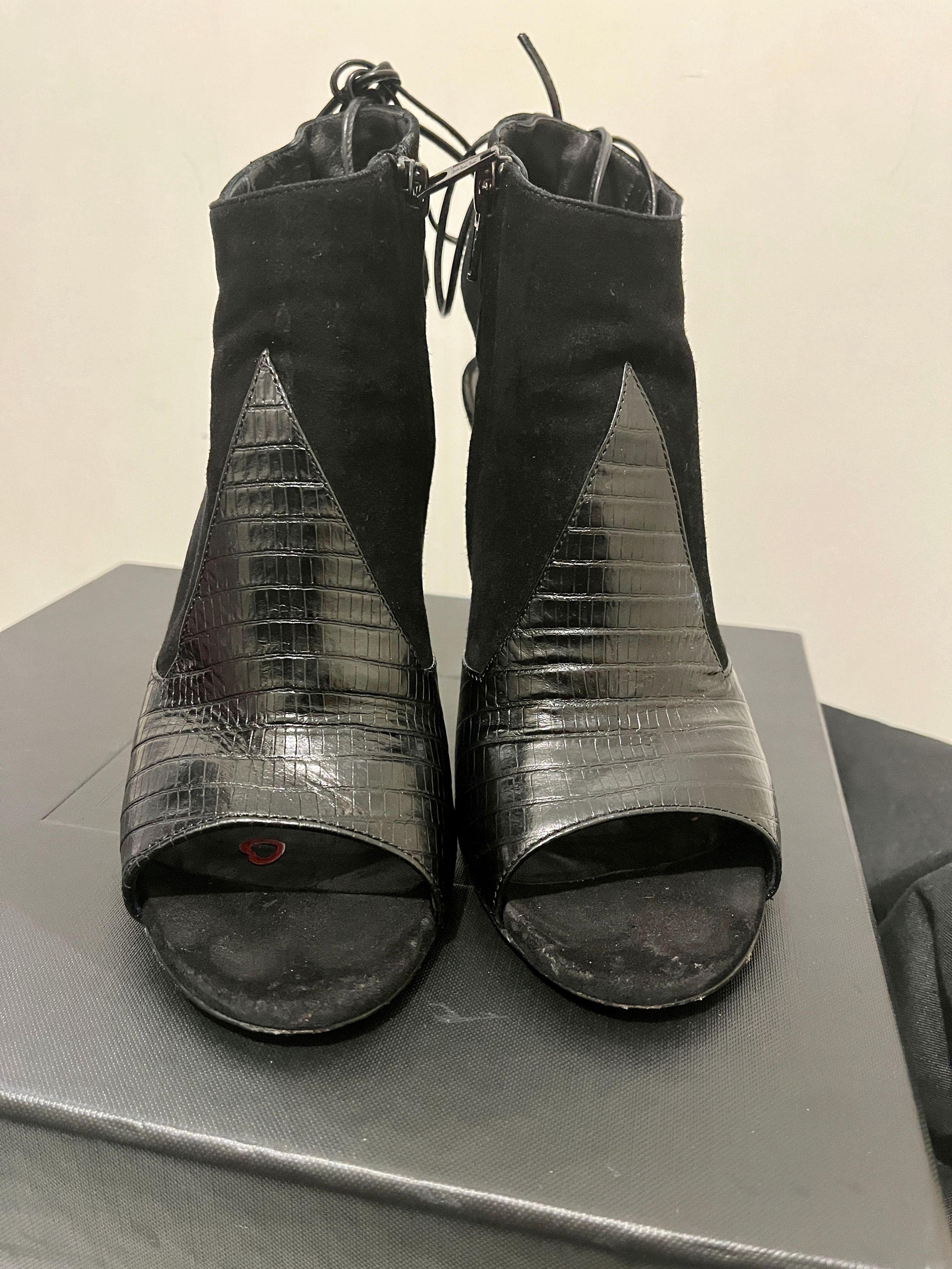 black embossed croc leather & suede Jane heeled booties