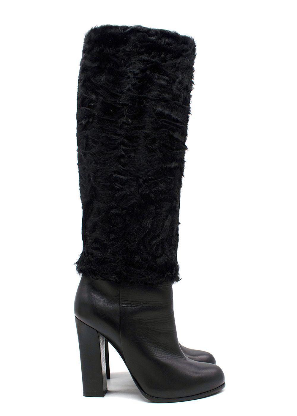 Dior Black Knee High Leather Boots with Fur Detail