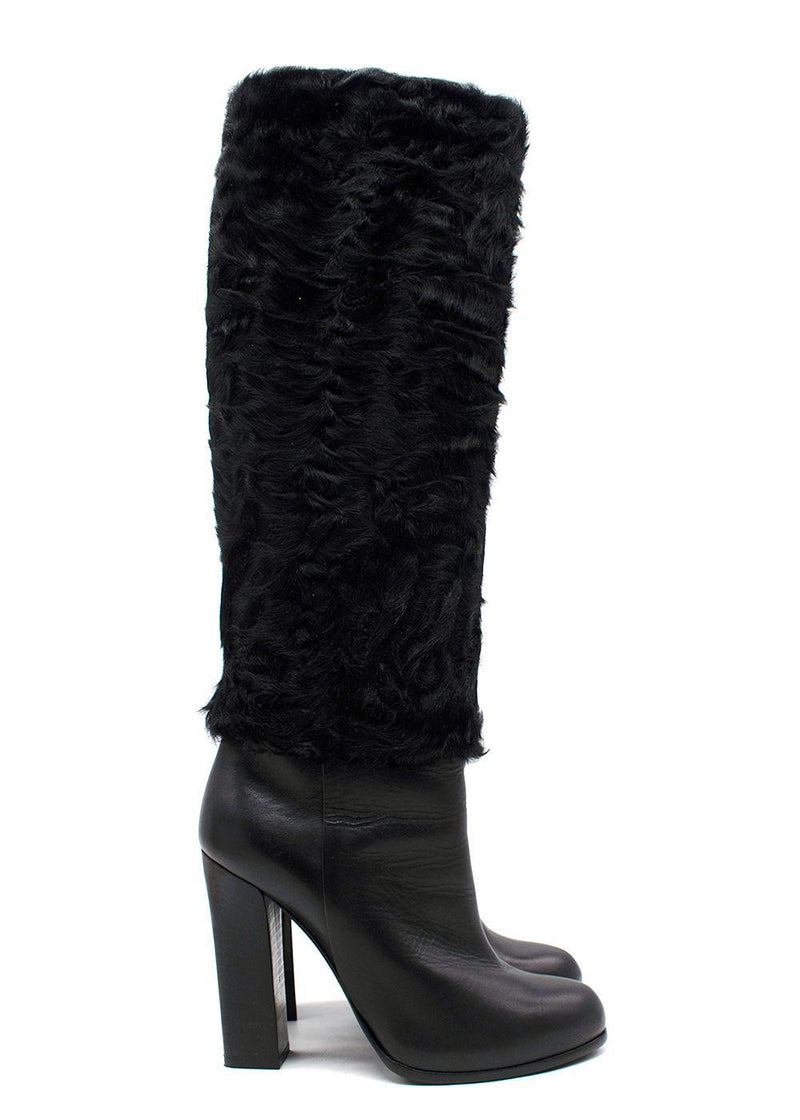 Dior Black Knee High Leather Boots with Fur Detail
