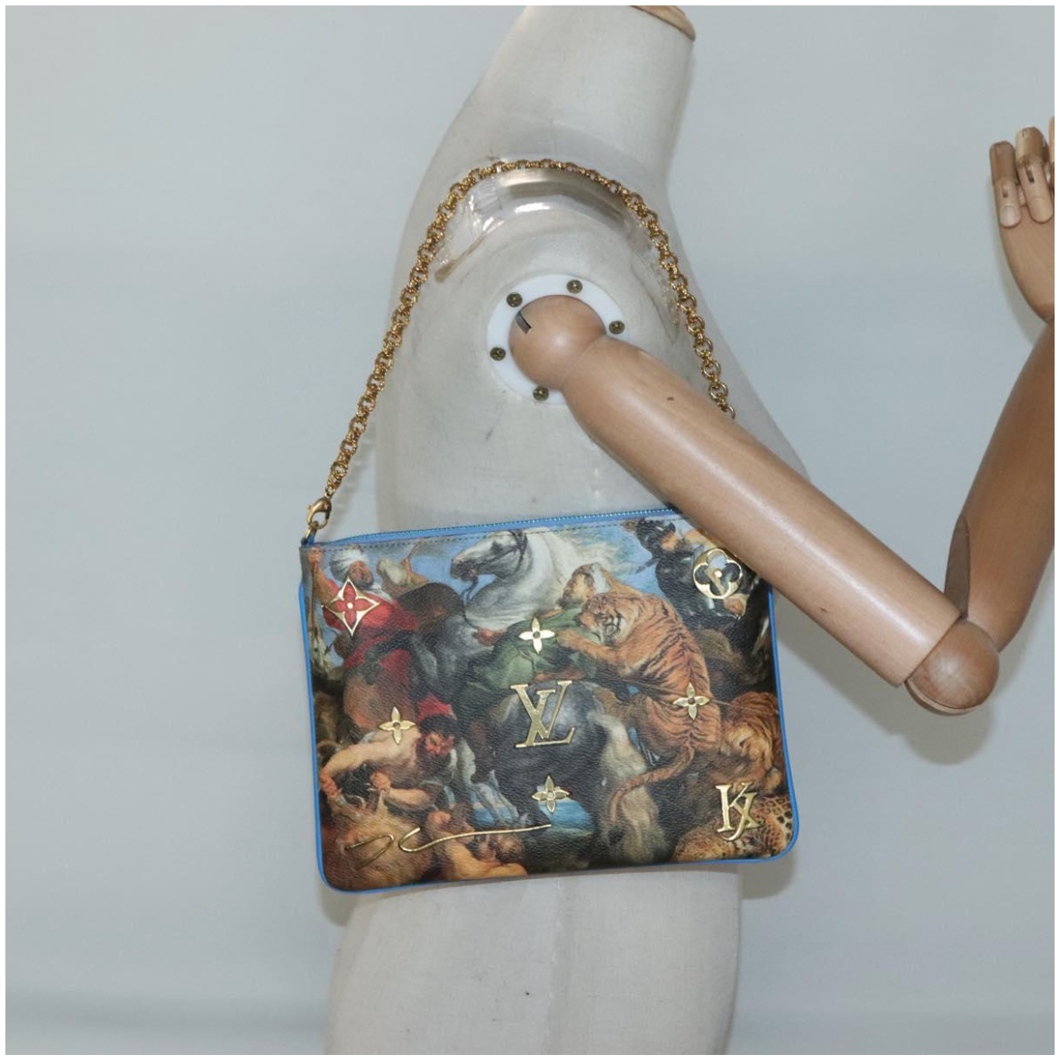 Limited Edition Louis Vuitton x Jeff Koons Masters Collection Pochette – “Tiger Hunt” Print with Gold Chain Strap