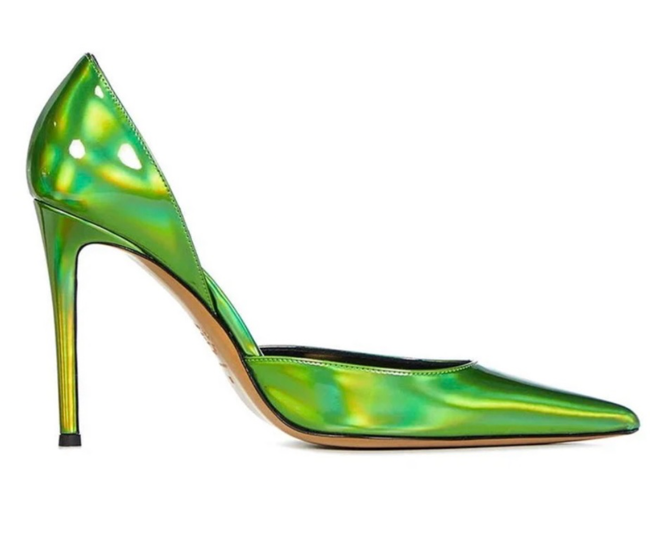 Metallic green exaggerated point toe heeled pumps