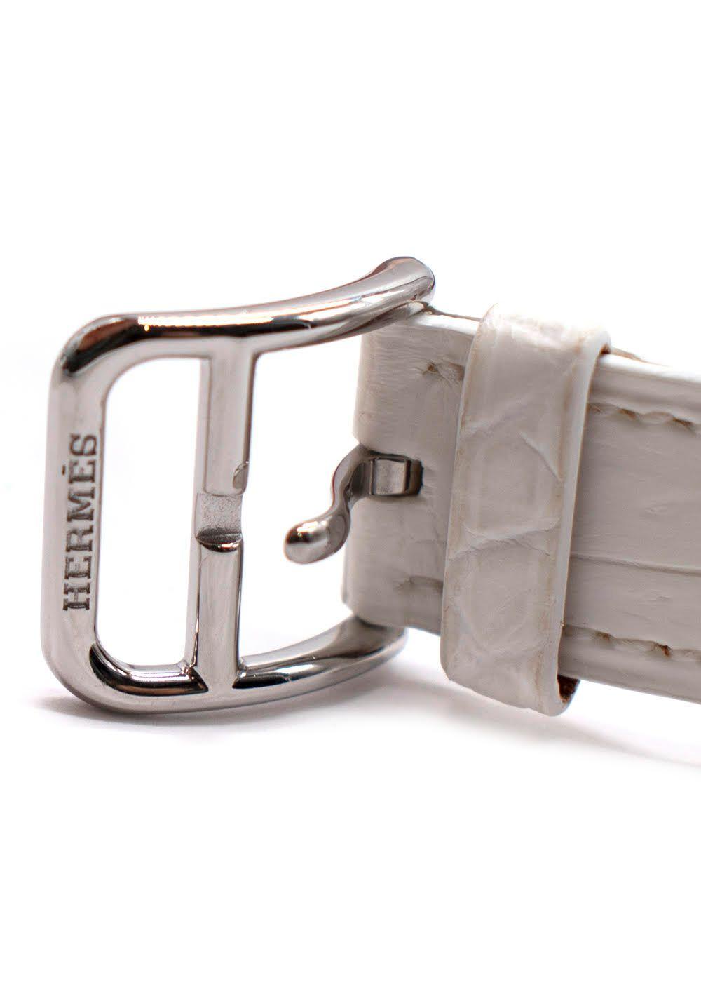 Hermès White Heure H Watch in Matte Chantilly Alligator with Diamonds