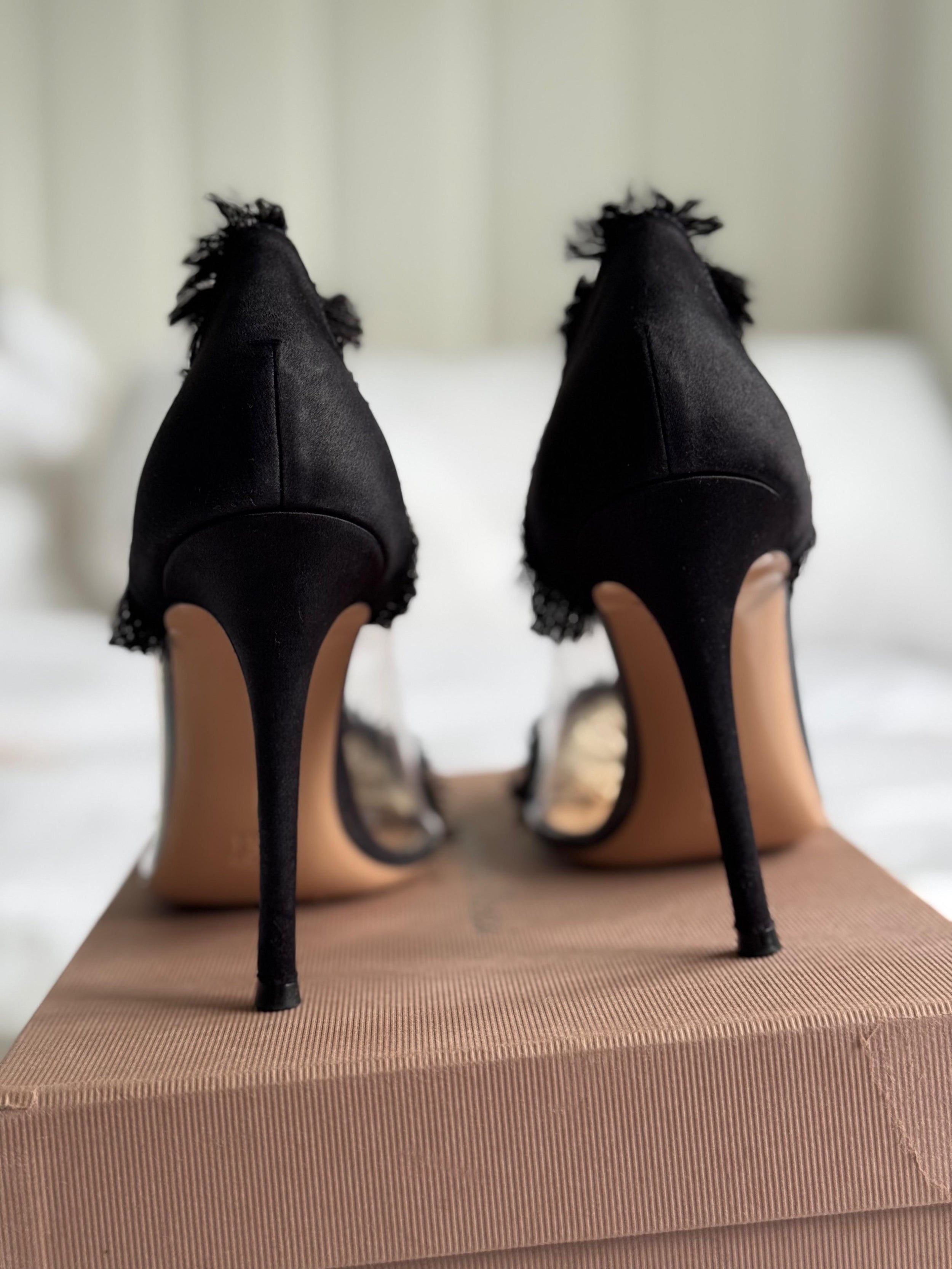Black Satin Raw Edge Plexi Pumps