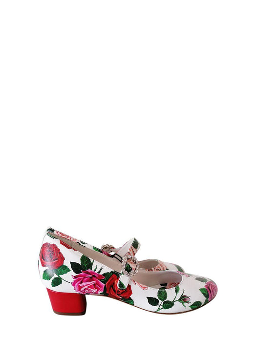 White Rose Printed Leather Mary Jane Heeled Pumps