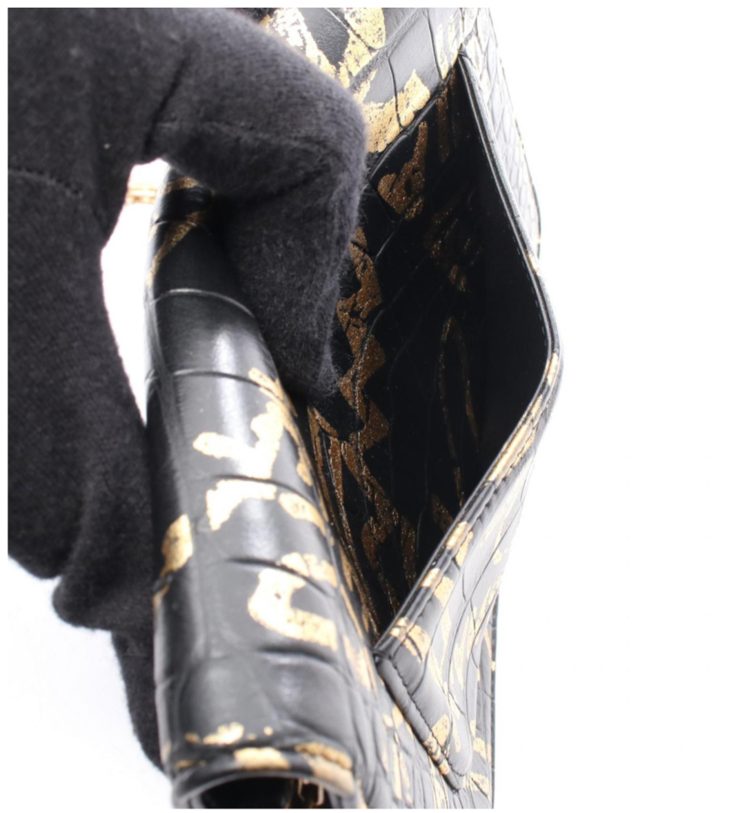 Chanel Pre-Fall 2019 Crocodile Embossed Calfskin Black and Gold Graffiti Bag with Gold Chain