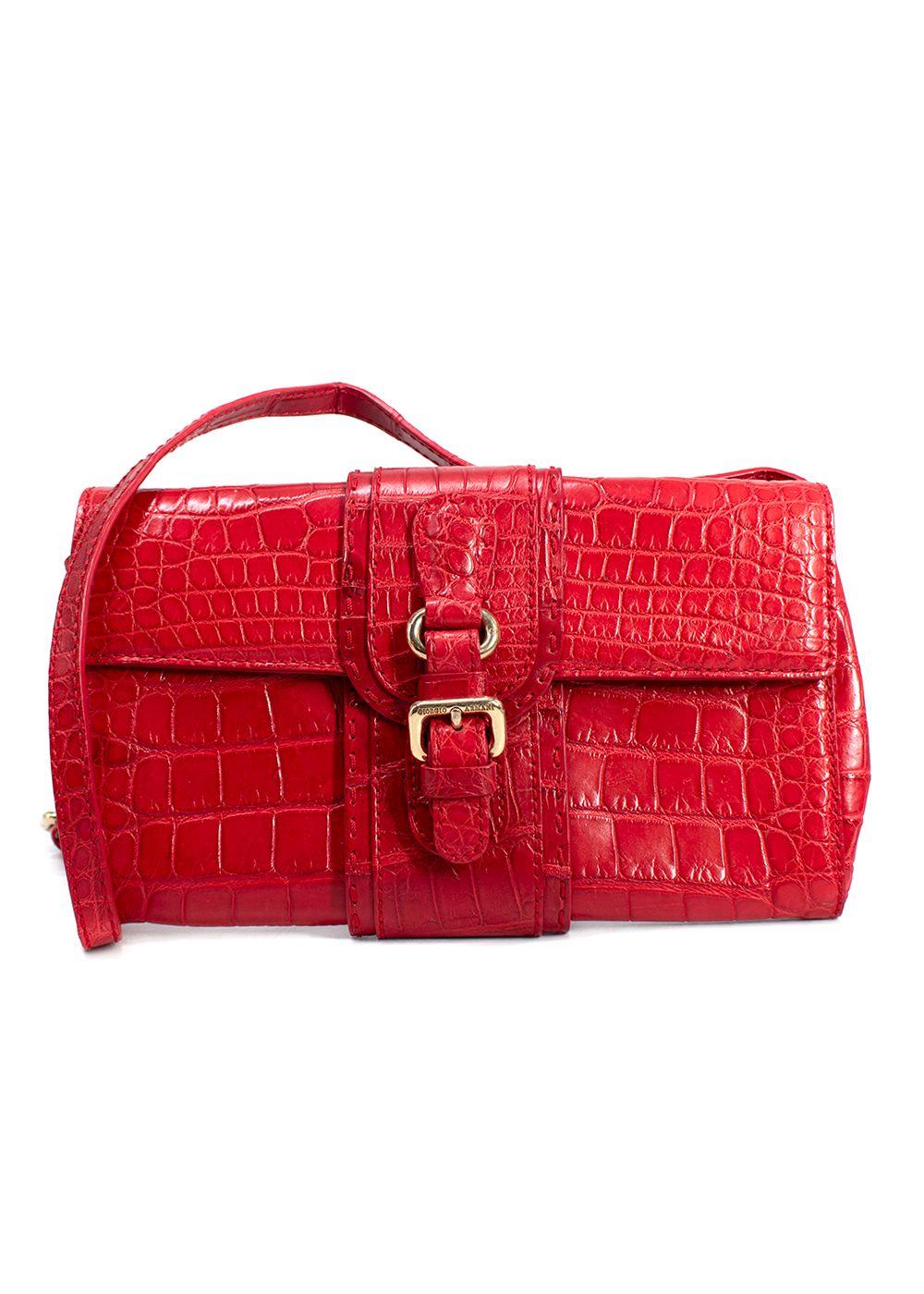 Giorgio Armani Red Crocodile Embossed Buckle Shoulder Bag