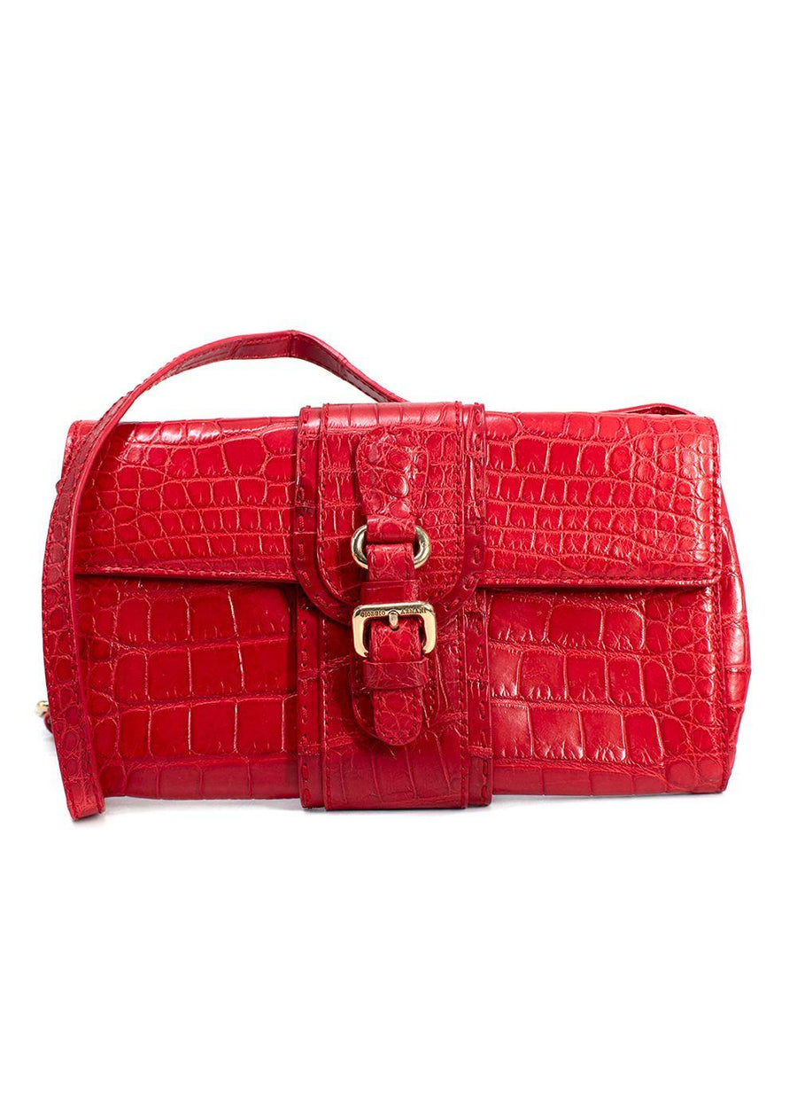 Giorgio Armani Red Crocodile Embossed Buckle Shoulder Bag