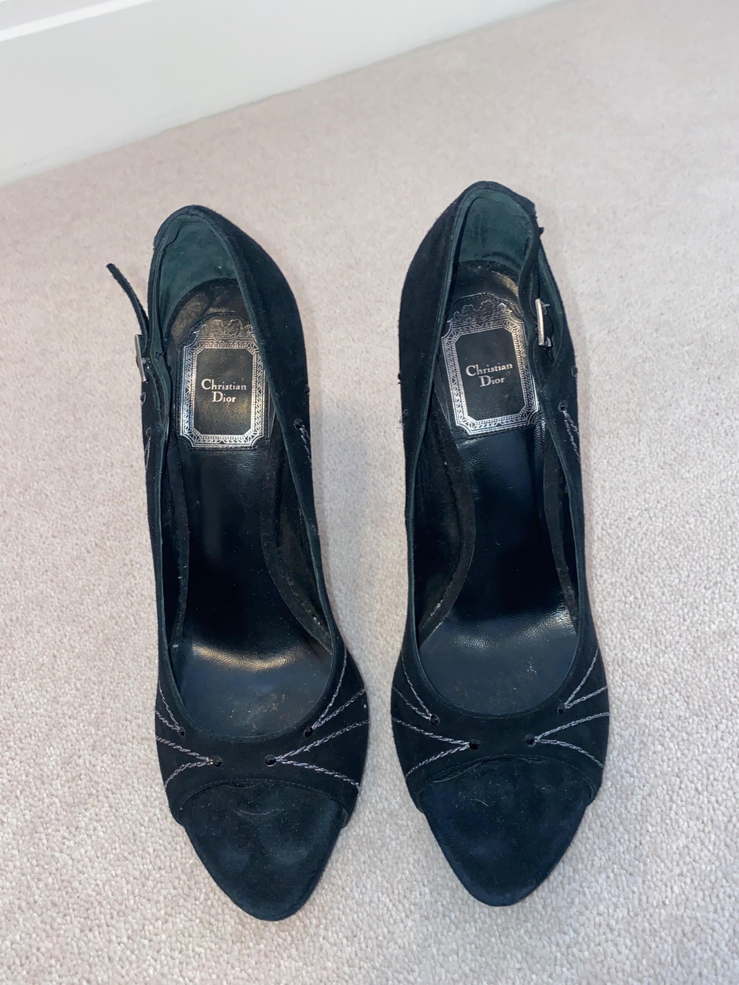 Vintage black suede & crystal cut-out heeled pumps