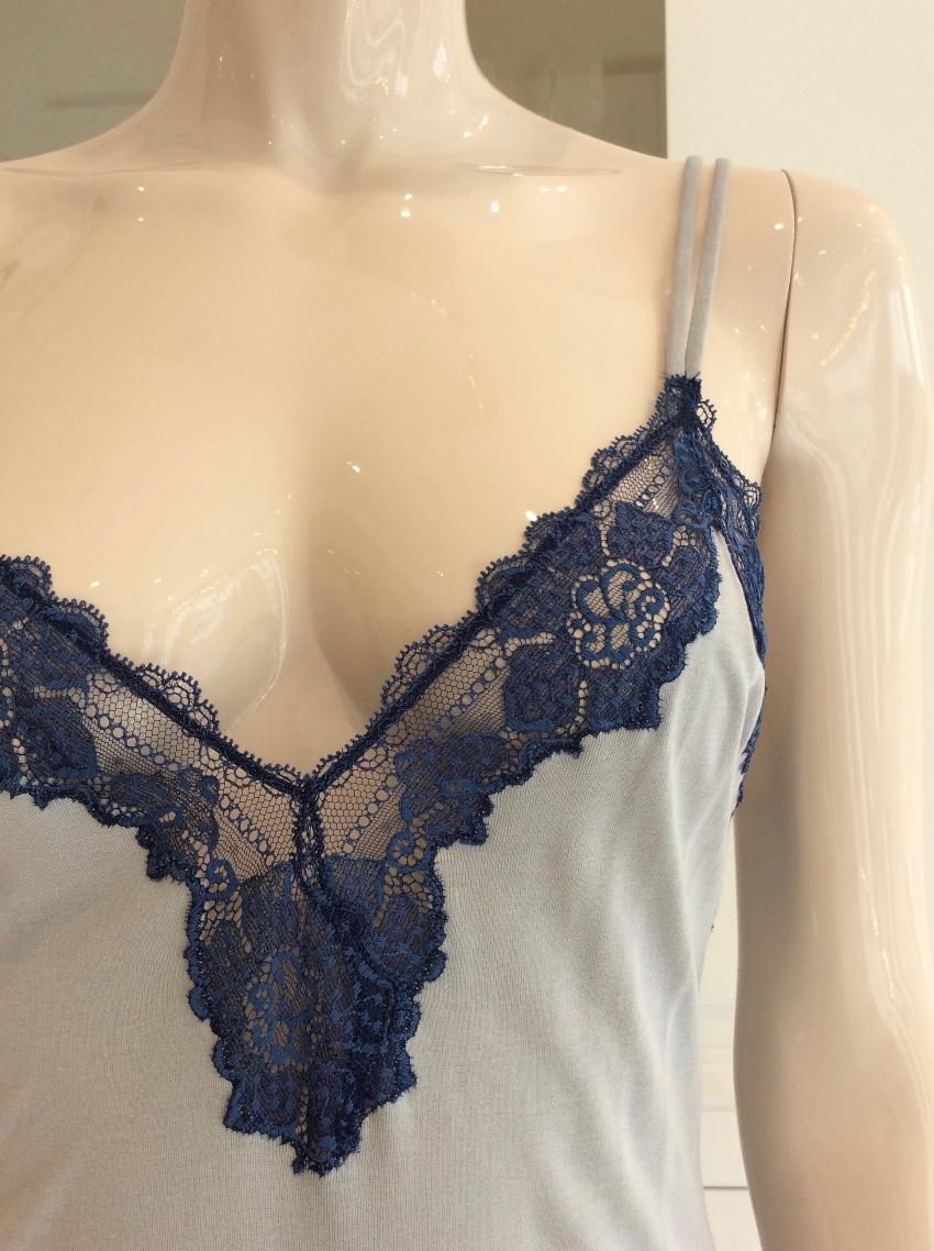 Cotton Club Soft Grey & Blue Leavers Lace Lounge Dress