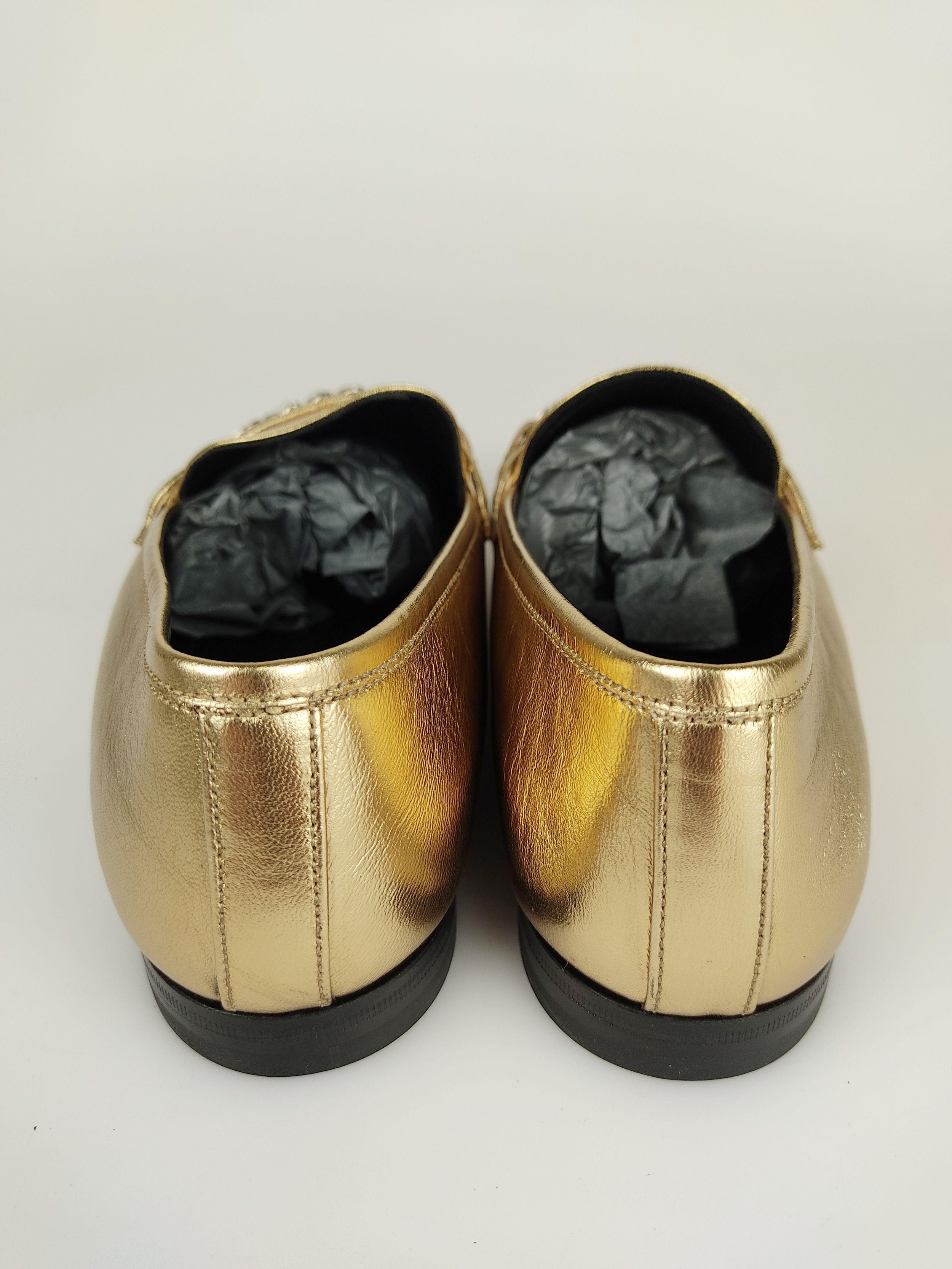 Gold leather chain embellished flat loafers