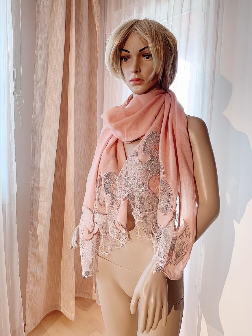 Emilio Pucci Floral Lace Trimmed Blush Wool & Cashmere Scarf