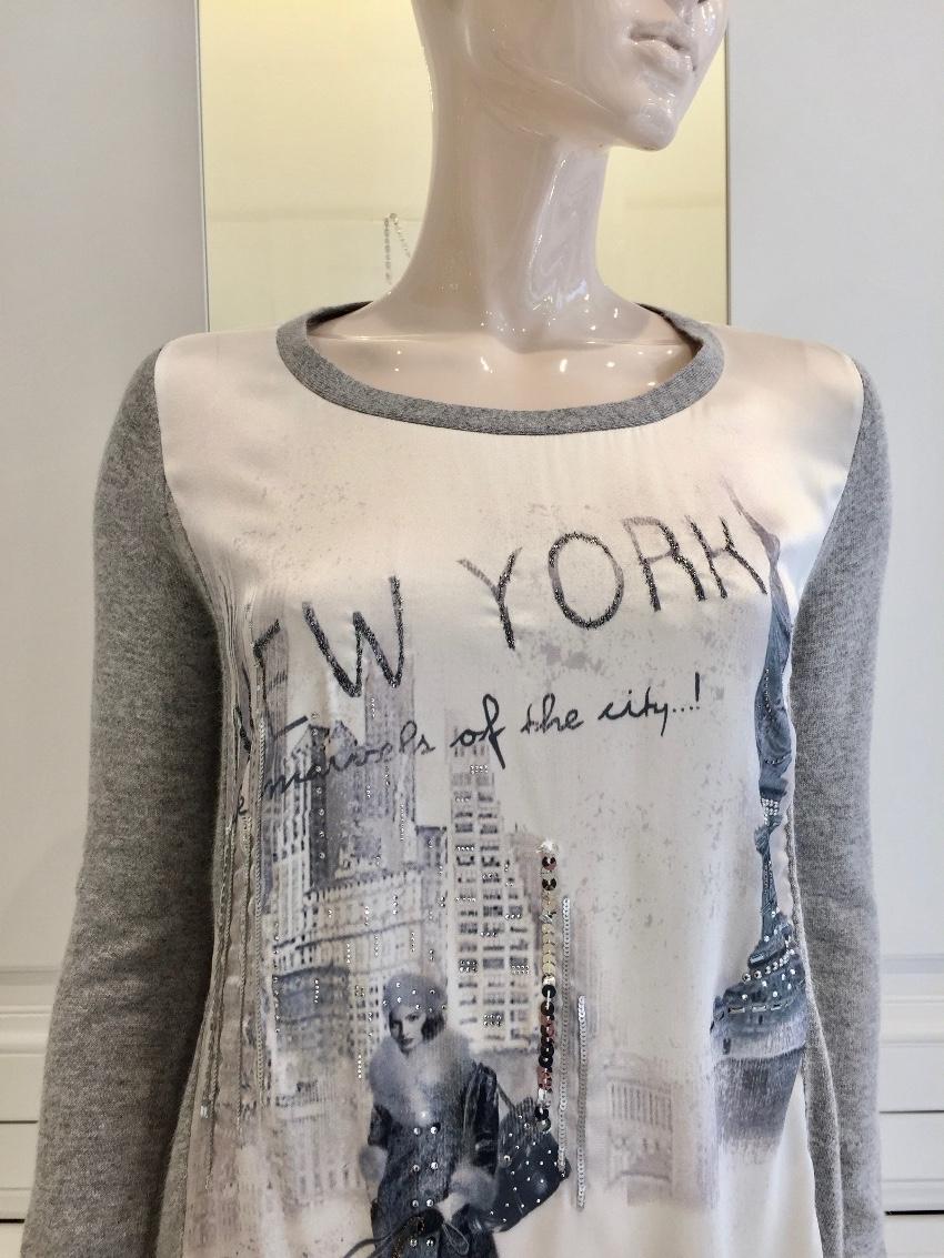 Blugirl Folies Silk New York Scene Swarovski Crystal Long Sleeve Top