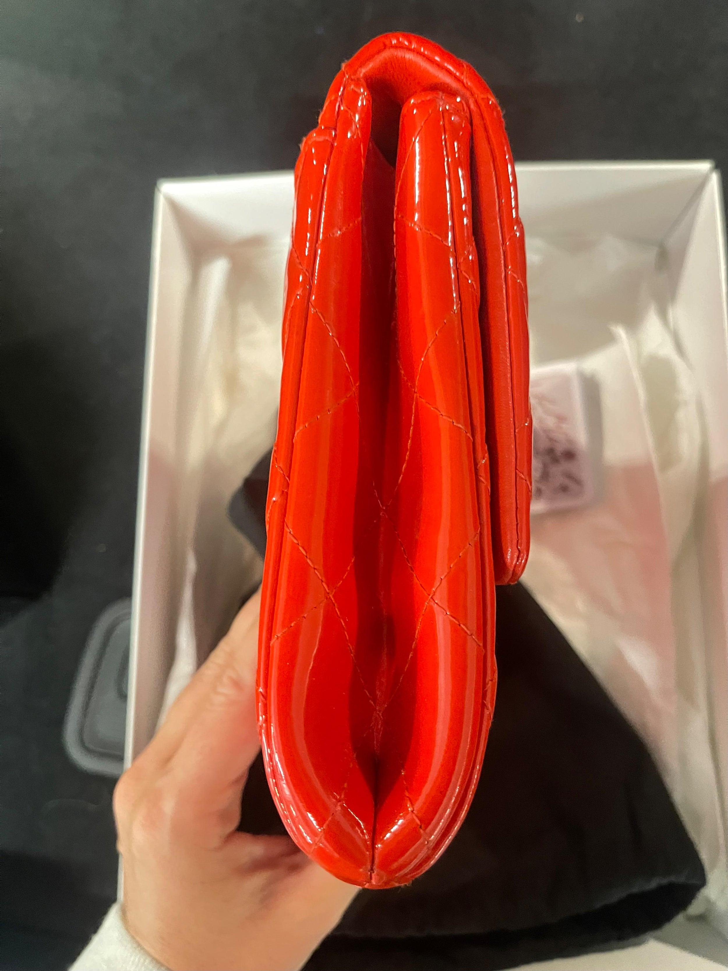 Chanel Red Patent Leather Clutch on Chain