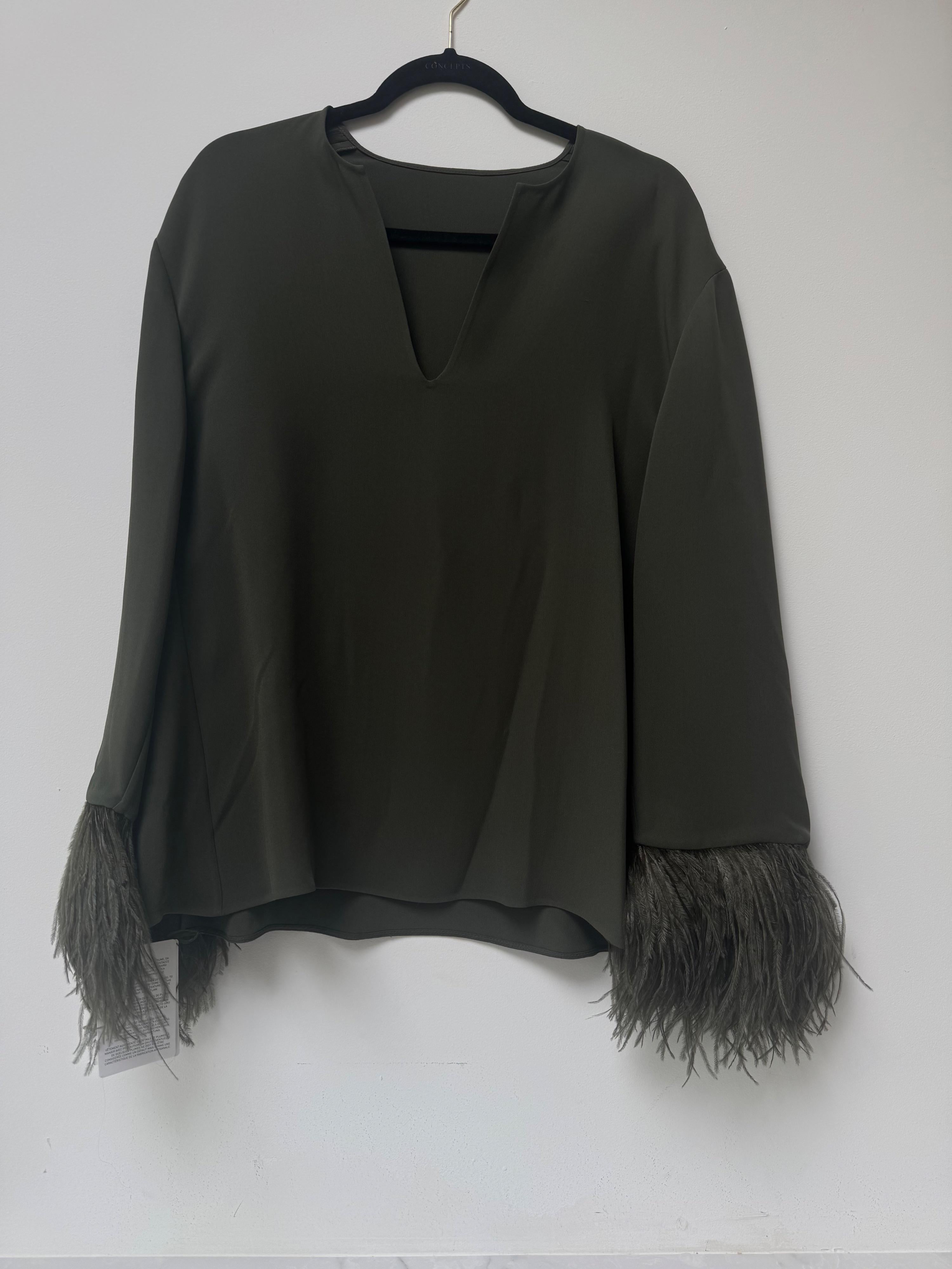 Valentino Khaki Silk Blouse with Feather Trim