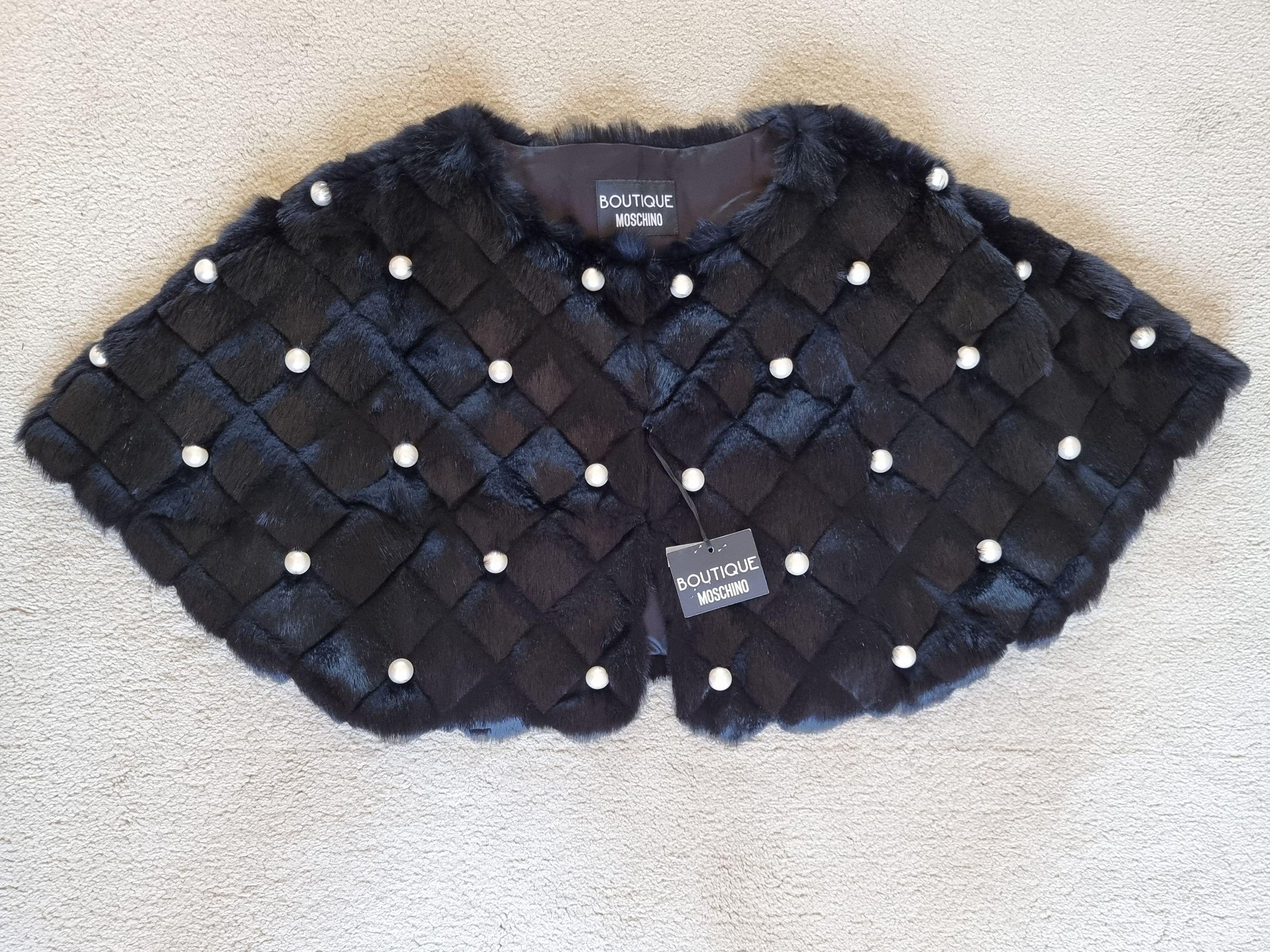 Faux Pearl Studded Black Rabbit Fur Cape