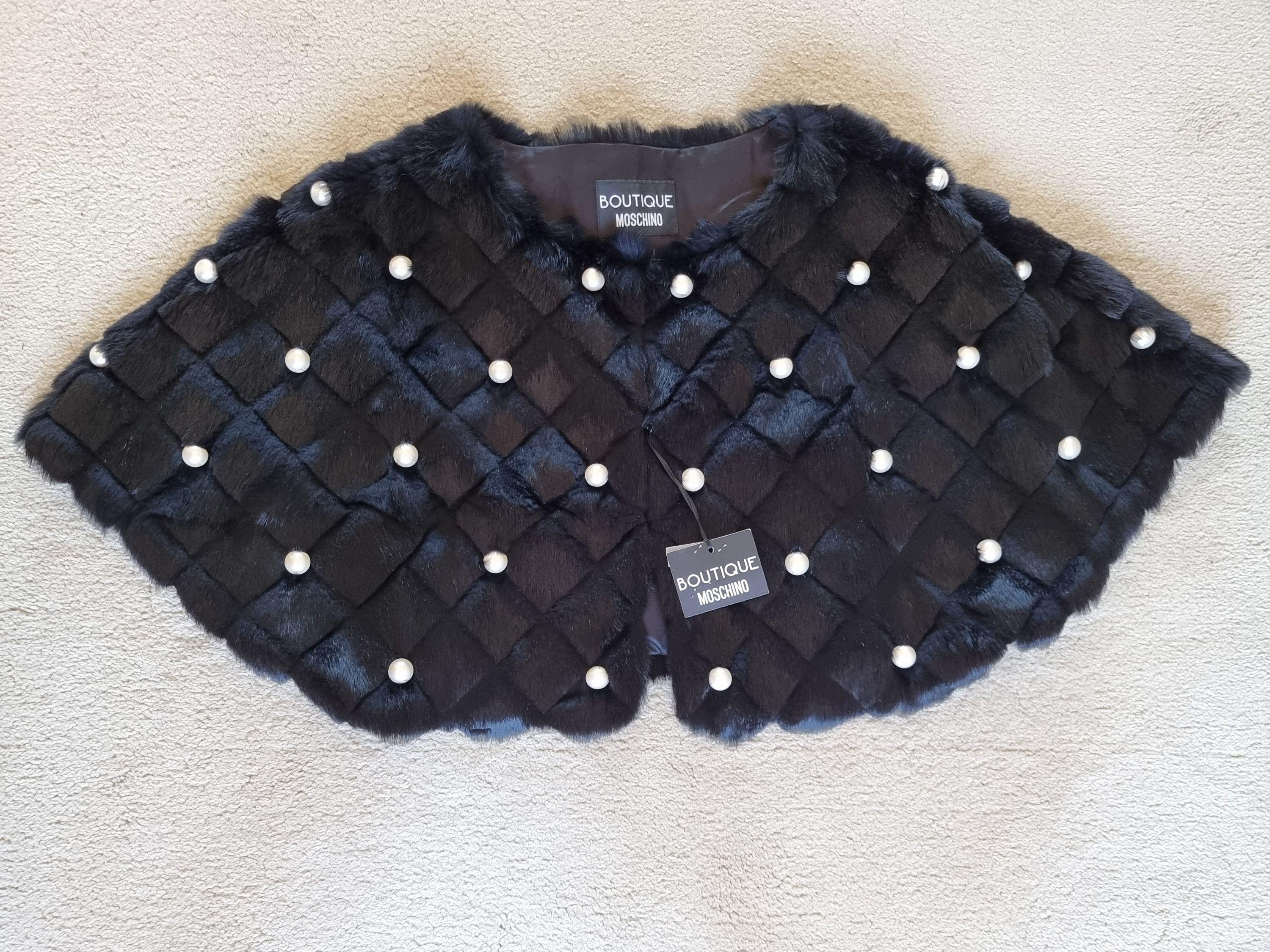 Faux Pearl Studded Black Rabbit Fur Cape