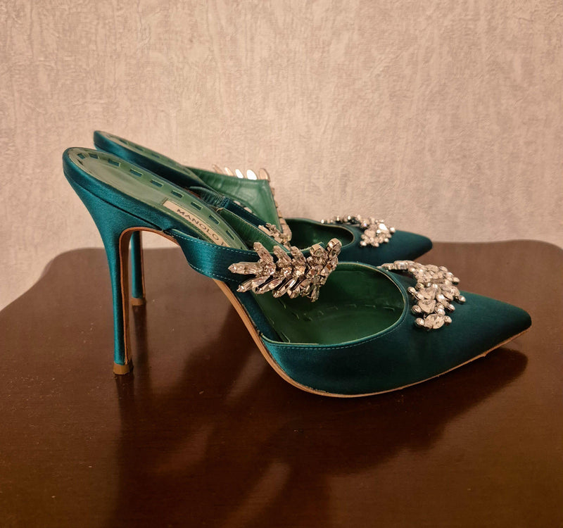Manolo Blahnik Embellished Green Satin Mules