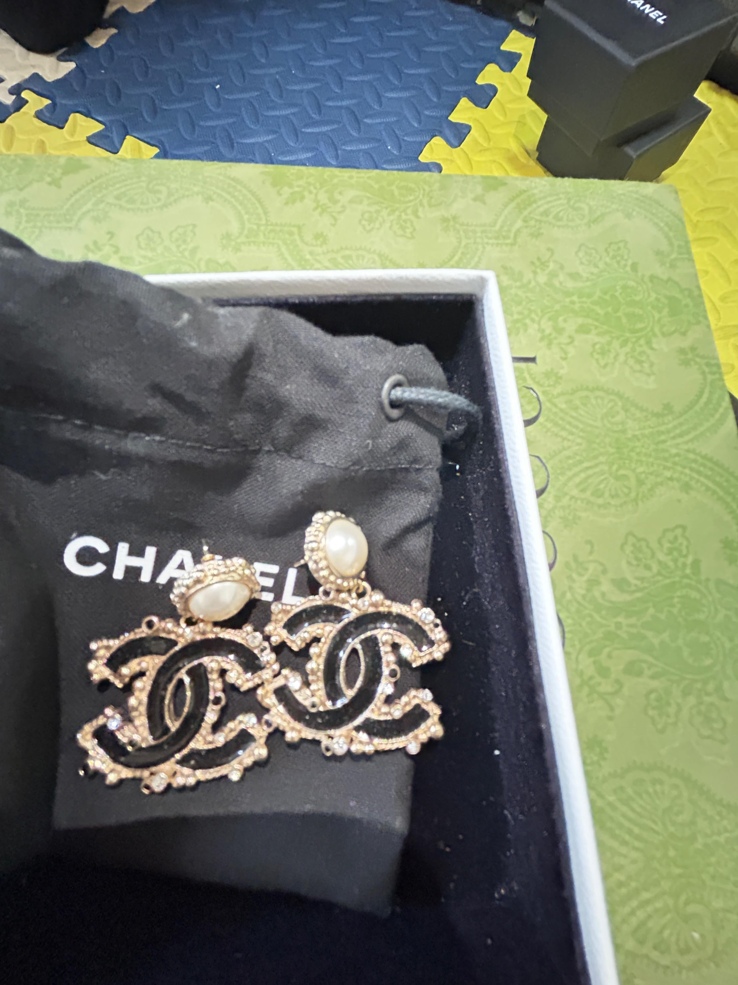 Chanel Black Double CC Earrings with Faux Pearl Detail