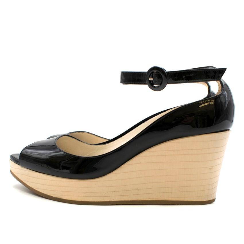 Rupert Sanderson Black Patent Leather Peep-Toe Wooden Wedges