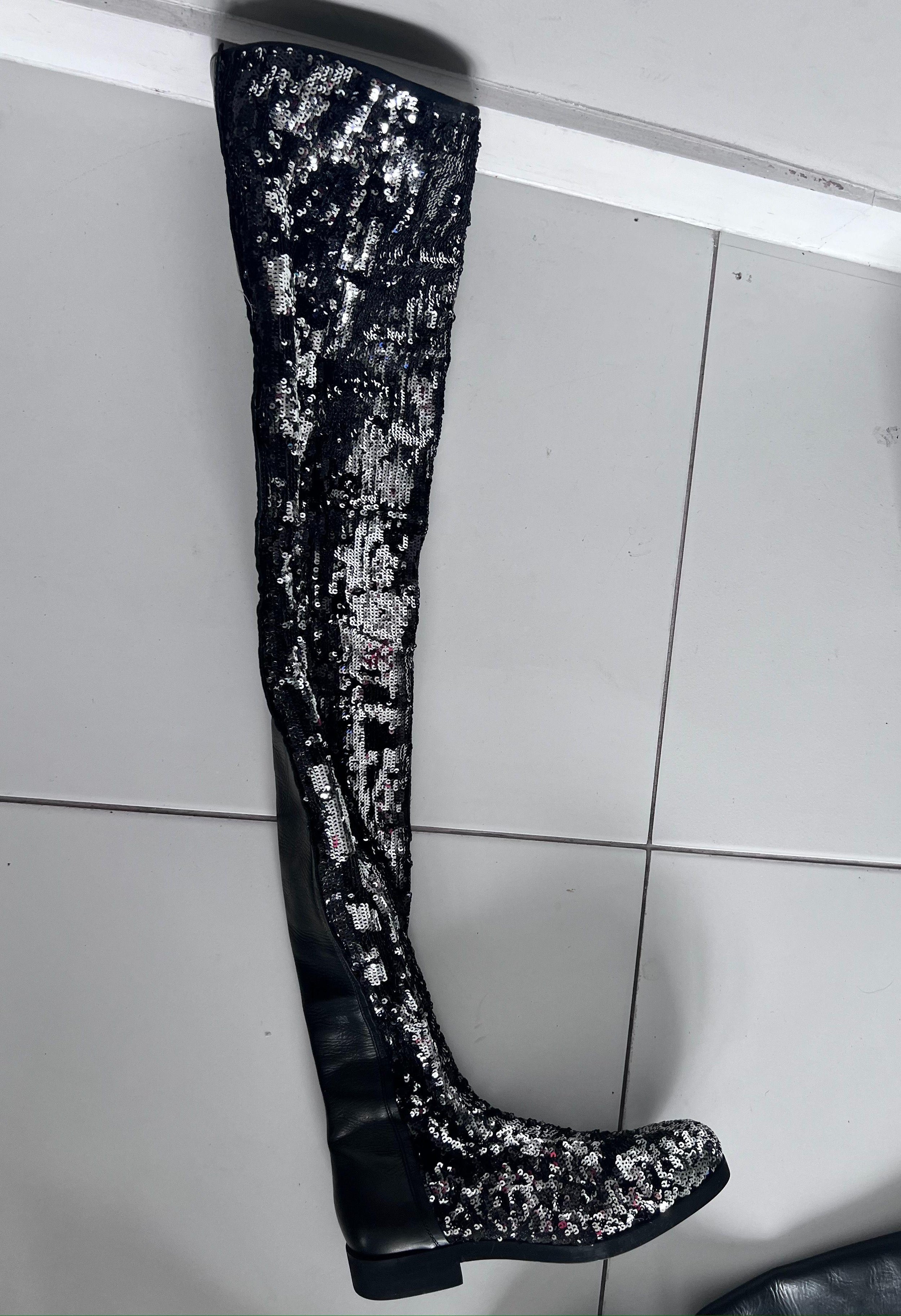 Black Leather Sequinned Over the Knee Boots