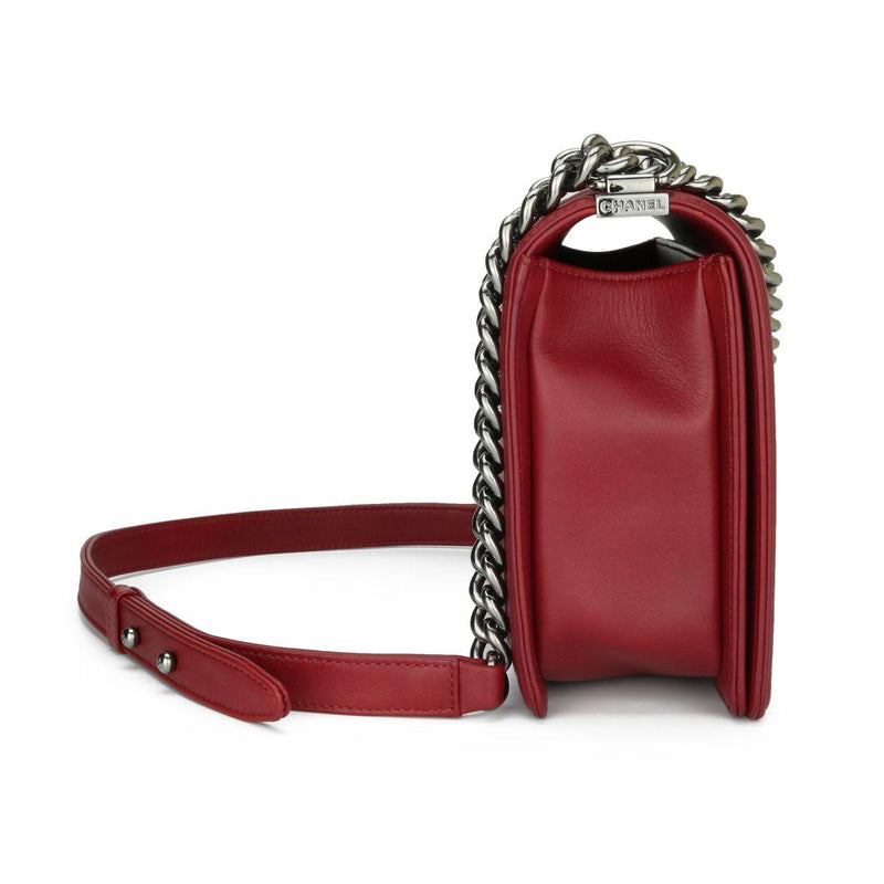 Dark Red Chain-trimmed Chevron Boy Bag