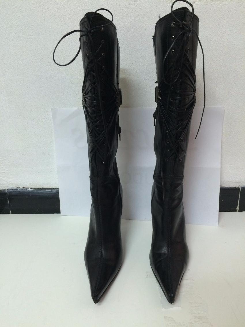 Casadei Black Leather Knee High Stilleto Lace Up Boots