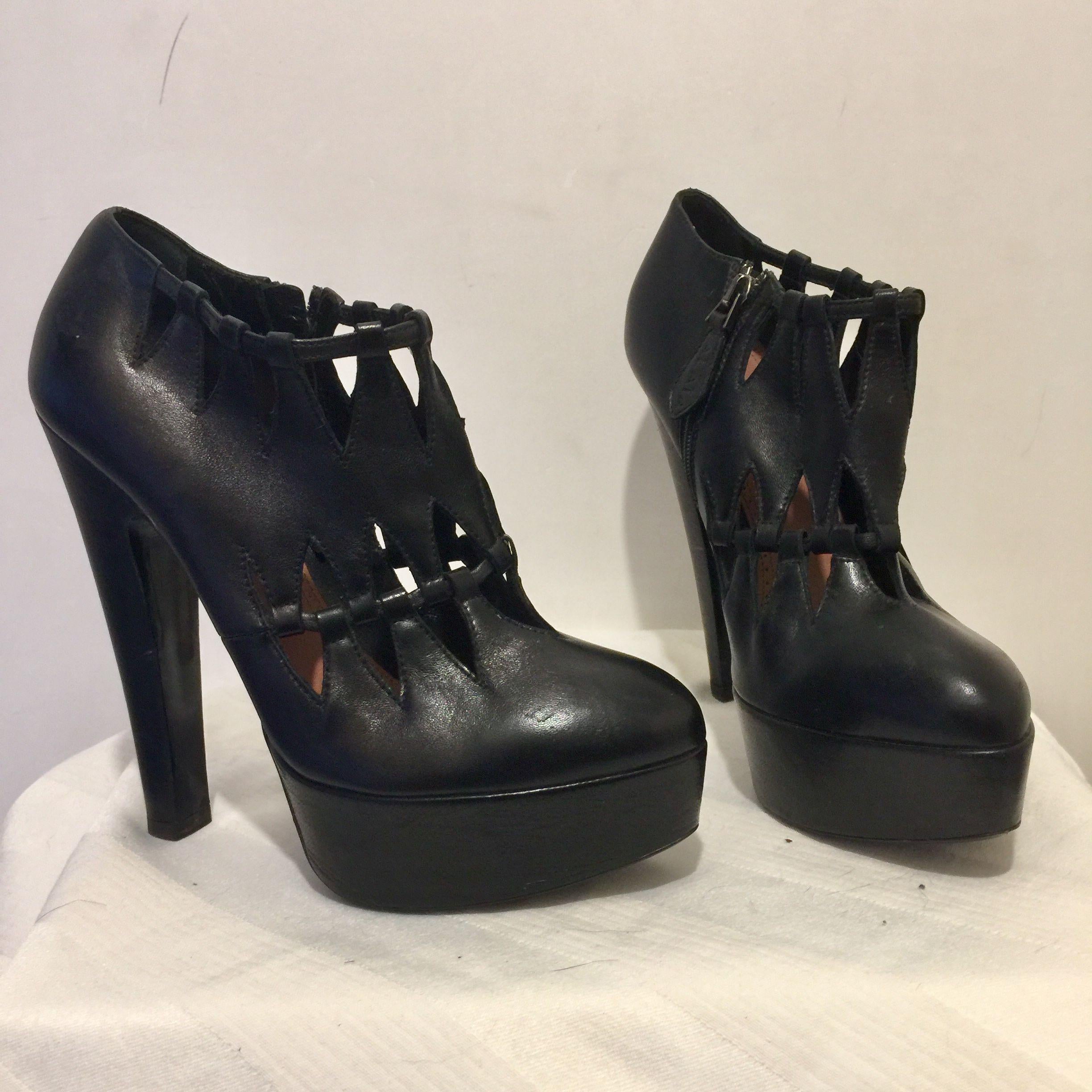Black leather cut-out platform heeled booties