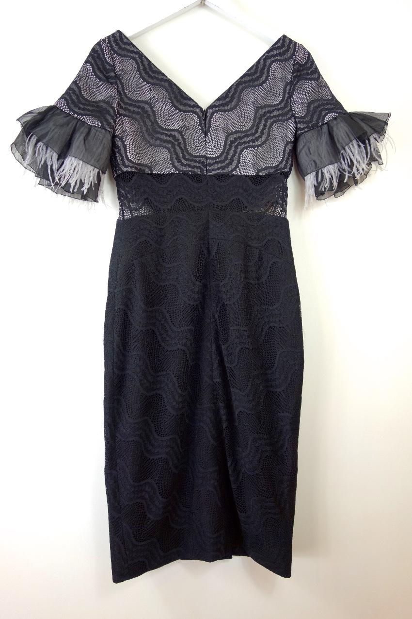 Three Floor Feather Trimmed Stretch Fitted Dress