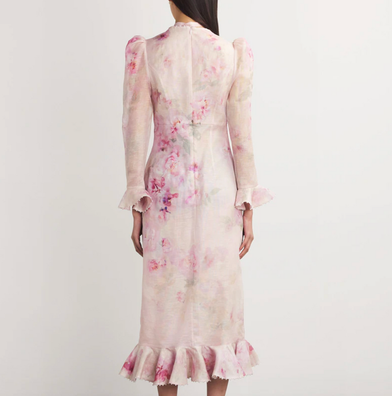 Zimmermann Linen-Silk Floral-Embellished Midi Dress